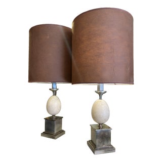 Egg-Shaped Marble and Silver-Plated Metal Lamps, 1980s, Set of 2 For Sale