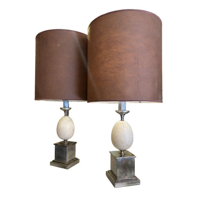 Egg-Shaped Marble and Silver-Plated Metal Lamps, 1980s, Set of 2 For Sale