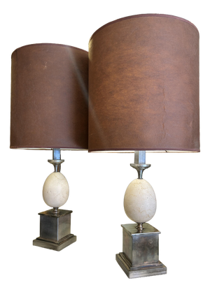 Egg-Shaped Marble and Silver-Plated Metal Lamps, 1980s, Set of 2