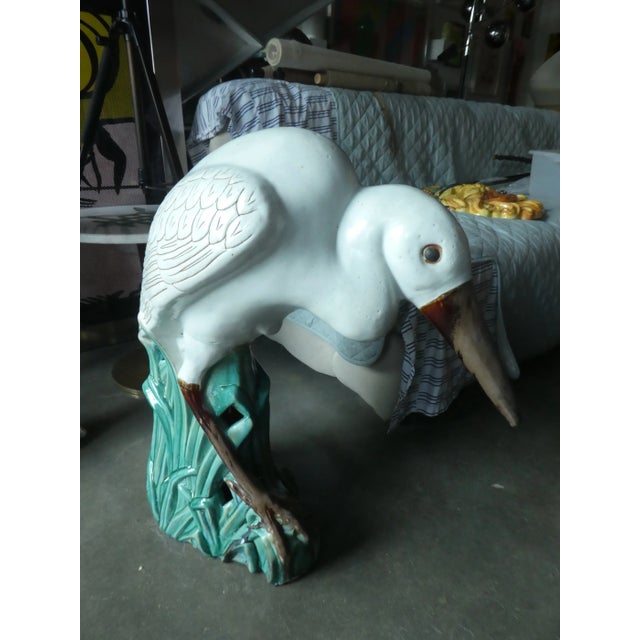 Traditional Vintage Majolica Egret Statue For Sale - Image 3 of 11