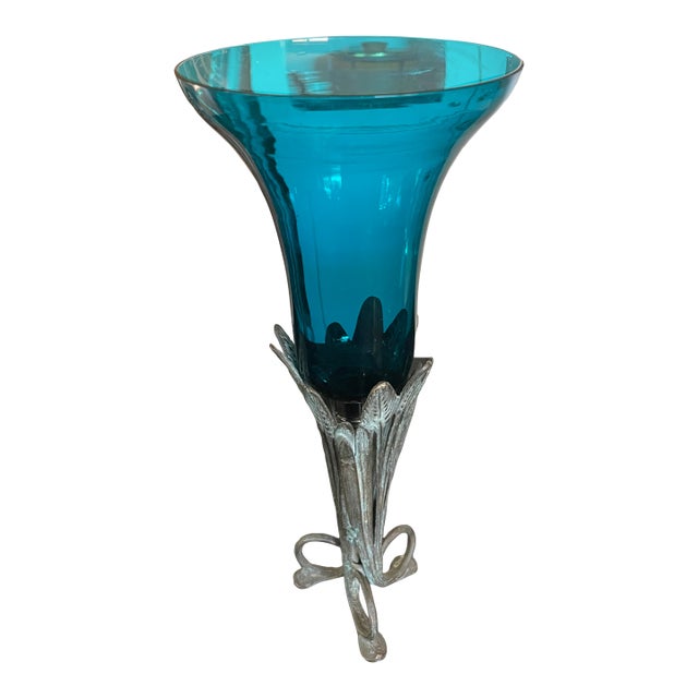 Mid Century Style Bronze Feather Base & Italian Murano Turquoise Glass Vase For Sale