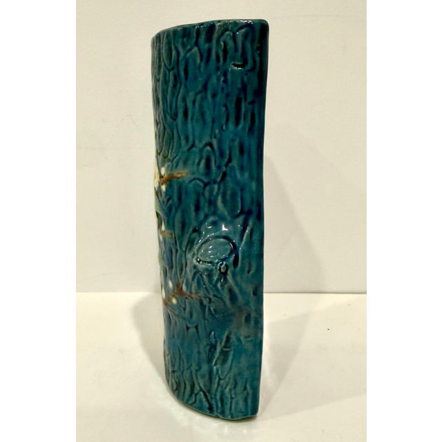 Blue Japanese Majolica Wall Pocket Vase Dogwood Flowers White Plum Tree Bark For Sale - Image 8 of 9