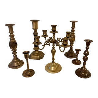 Vintage Variegated Height Brass Candelabra & Candlestick Collection For Sale
