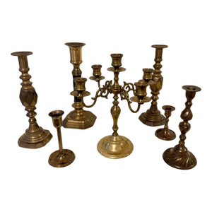 Vintage Variegated Height Brass Candelabra & Candlestick Collection