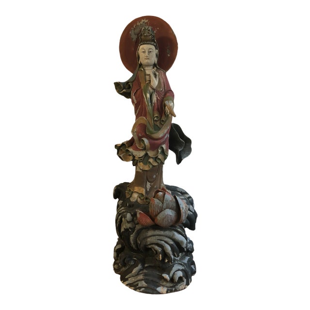 Chinese Carved Wood Standing Figure of Guanyin For Sale