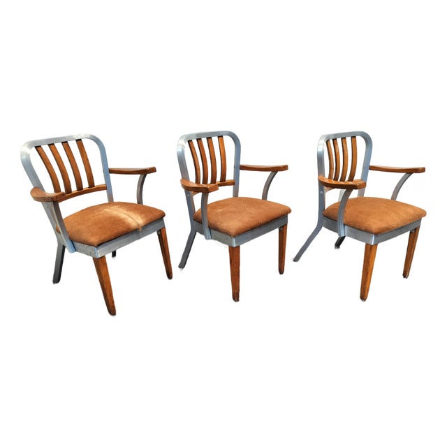 Mid Century Modern Auluminum Wood and Cow Hide Chairs -Set of 3 For Sale