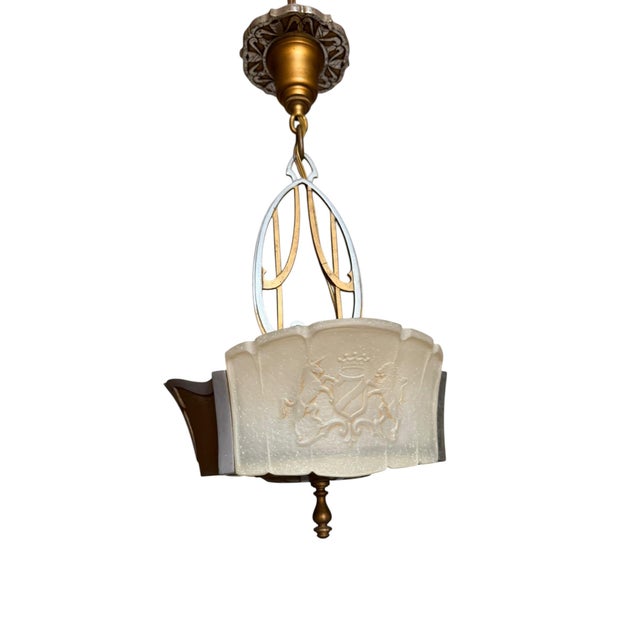 1930s Rare Art Deco Hanging Ceiling Light With Crest Motif For Sale - Image 9 of 9