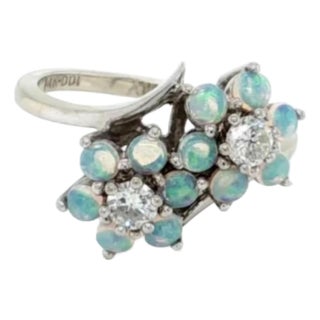 Mid 20th Century Diamonds & Opal 14k White Gold Double Flower Ring Size 5.5 For Sale