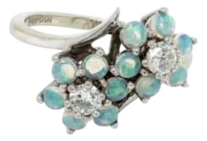 Mid 20th Century Diamonds & Opal 14k White Gold Double Flower Ring Size 5.5