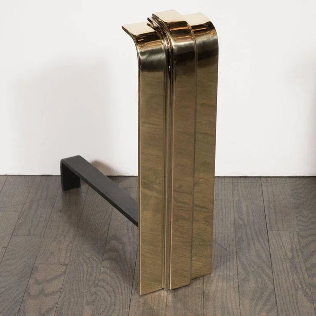 Contemporary Modernist Curved Nickel and Brass Andirons - a Pair For Sale - Image 3 of 7