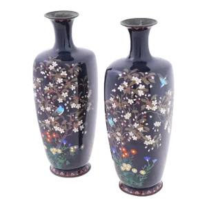 Large Pair of Japanese Cloisonné With Blue Birds Signed Gonda Hirosuke