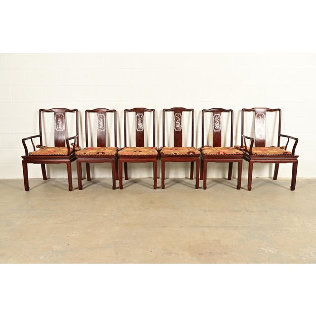 An outstanding set of six antique Chinese dining chairs China, Circa 1890s Gorgeous carved rosewood, with exquisite...