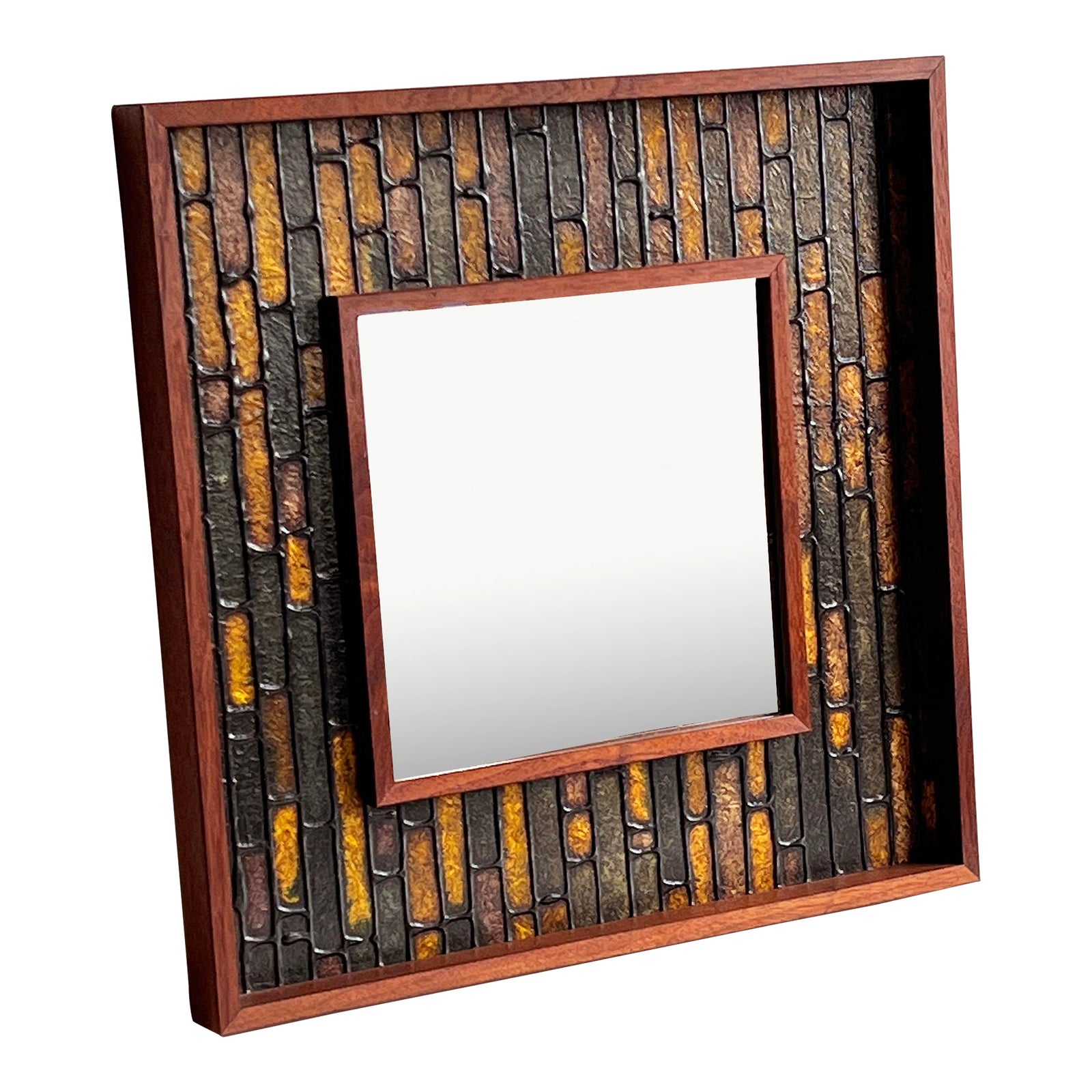 Vintage Walnut Mid Century Modern Faux Tile Wall Mirror