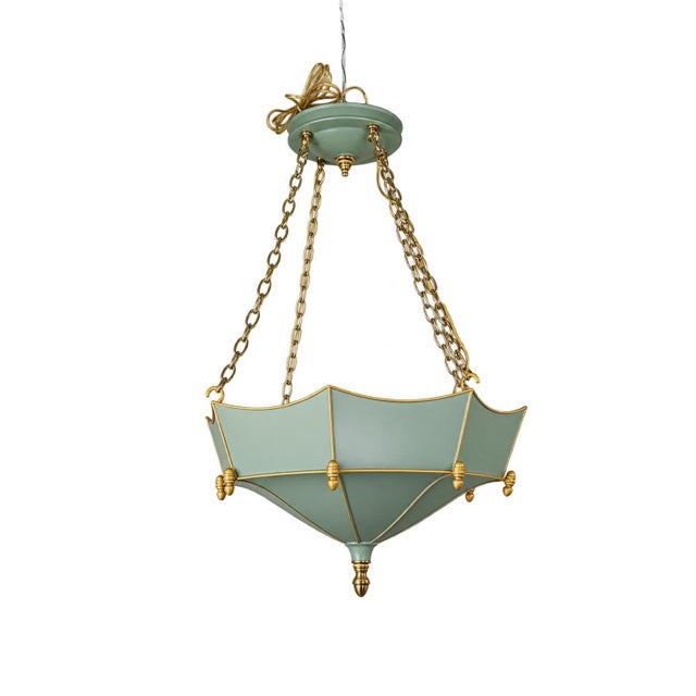 Vintage Tole Umbrella-Shaped Metal Chandelier — Sage Green and Gold Leaf For Sale - Image 11 of 12