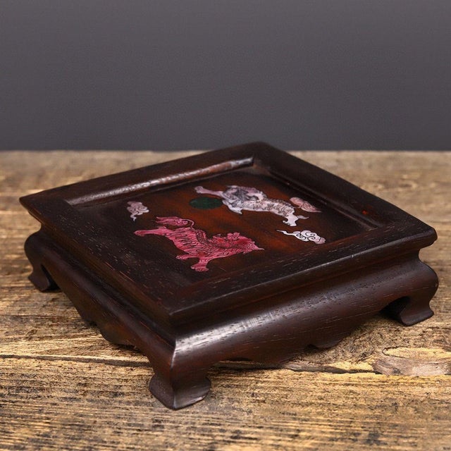 This is a charming vintage Chinese wooden display stand or pedestal, crafted from dark hardwood (likely Rosewood / Tanmu)...