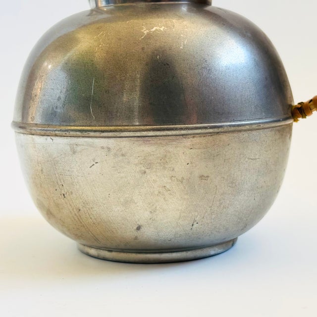 Wood Mid Century Pewter Pitcher With Wicker Wrapped Handle by w.s. Co., Usa For Sale - Image 7 of 11