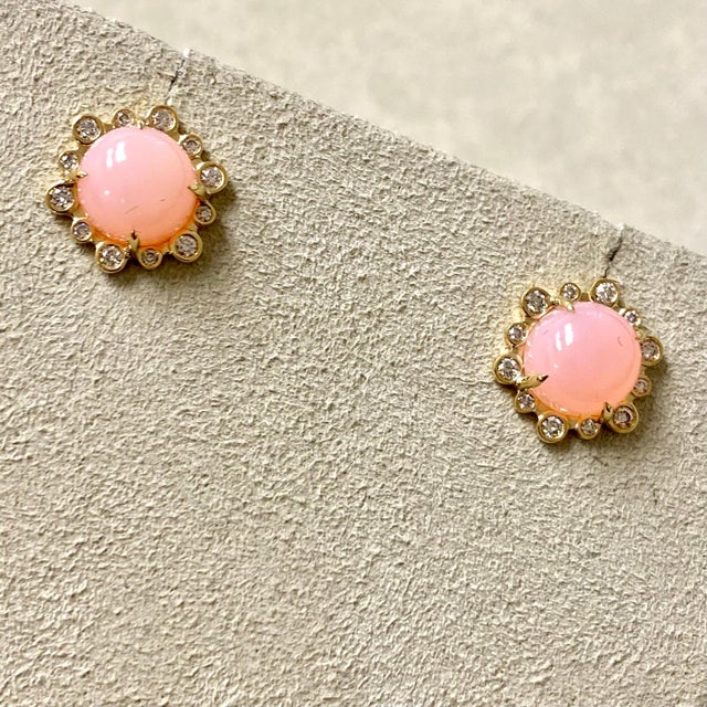 Contemporary Syna Yellow Gold Pink Opal Earrings with Diamonds, a Pair For Sale - Image 3 of 6