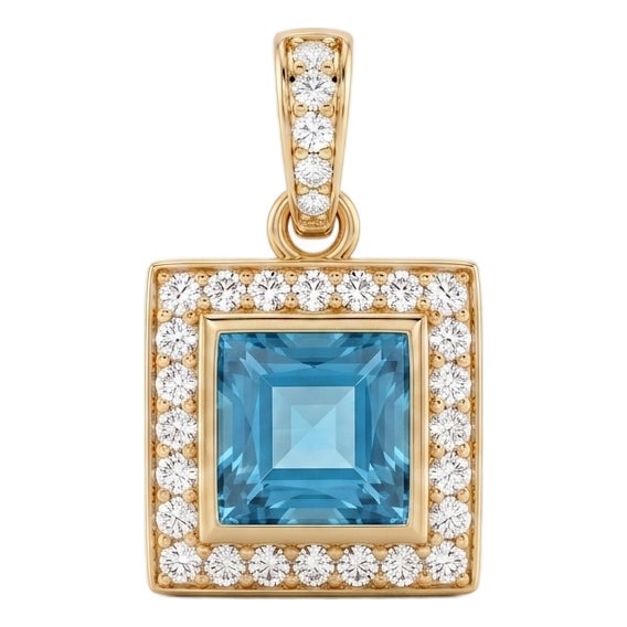 Swiss Blue Topaz Pendant Necklace | Square Cut Gemstone Pendant | December Birthstone Pendant | Dainty Statement Necklace For Sale