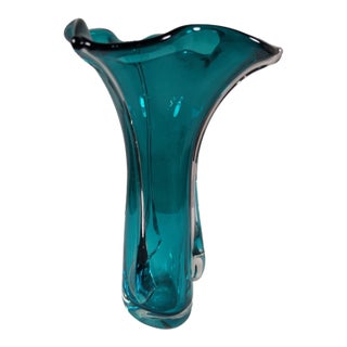 Vintage Murano Style Timothy E. Landers Hand Blown Teal/Aqua Blue Sommerso Glass Vase For Sale