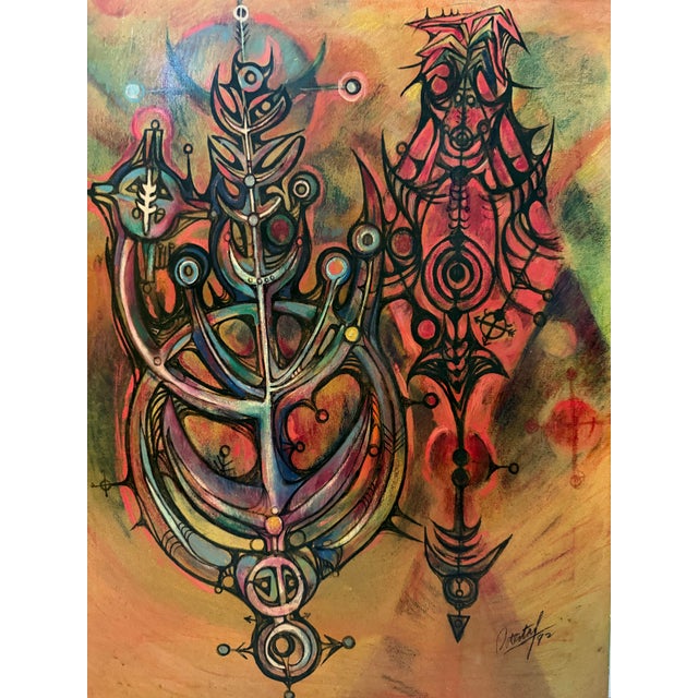 Original painting by Cuban artist Arturo Potestad (1917–2016), signed lower right and dated 1992. This vibrant abstract-...