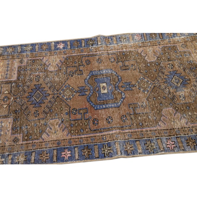 1960s Vintage Persian Distressed Handmade Medallion Borwn Wool Rug For Sale In New York - Image 6 of 7