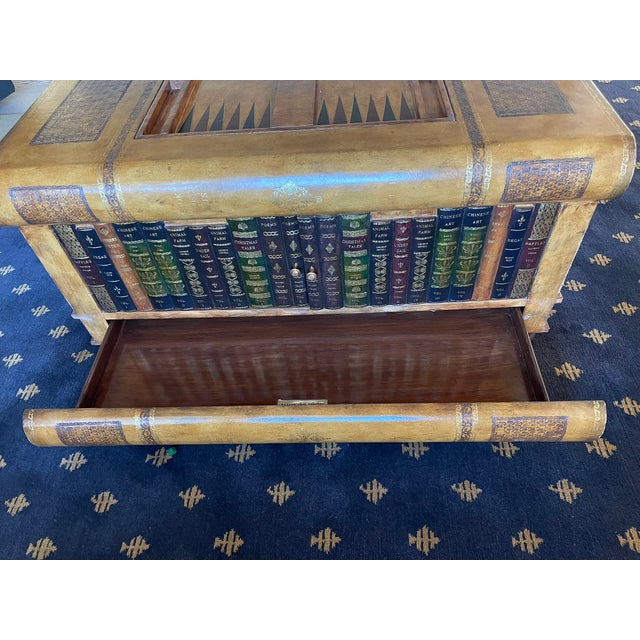 1990s Maitland-Smith Leather Stacked Books Game Table / Trunk Coffee Table With Backgammon & Checkers Board For Sale - Image 18 of 18