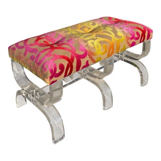 Scalamandre Cut Velvet Upholstered Phyllis Morris Lucite Bench For Sale