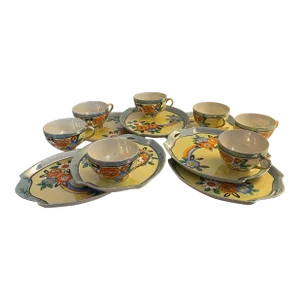 Early 20th Century Japanese Handpainted Lusterware Tea Cups & Snack Plates Set- Serves 6