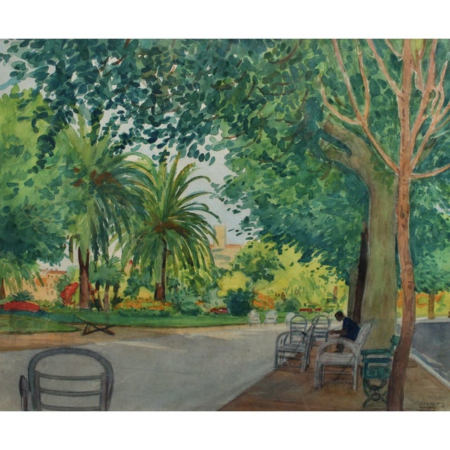 A view of the park in menton', france, watercolour on art paper, by tony minartz (circa 1930s). This is a depiction of...
