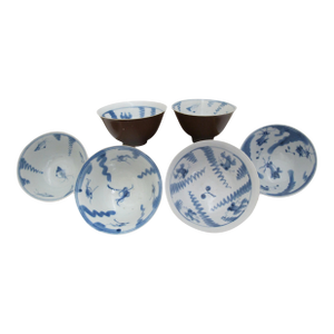Chinese Batavia Ware Mocha Blue & White Porcelain Koi Fish Tea Cup Set of 6