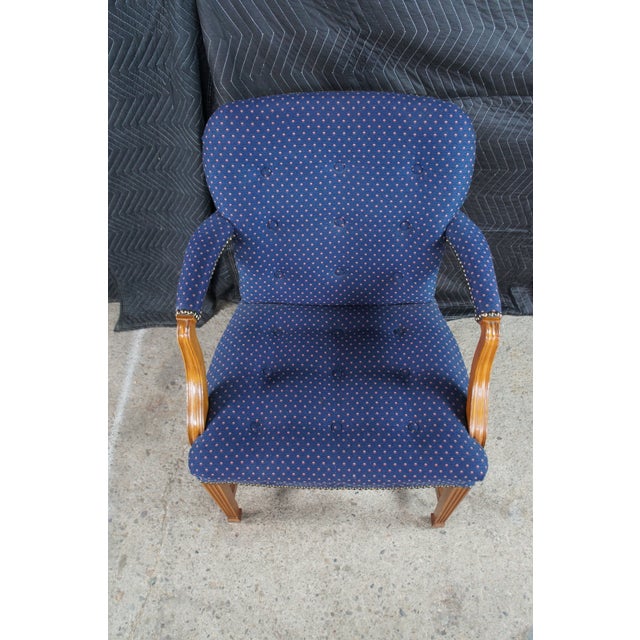 2 Mid Century Federal Mahogany Office Arm Chairs Blue Polka Dot Tufted Fabric For Sale - Image 6 of 12