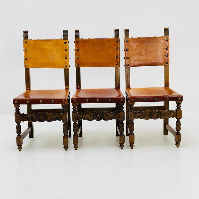 Antique Swedish Folk Art Farm Country Dining Chairs in Pine and Tan Leather, 1890s For Sale - Image 11 of 11