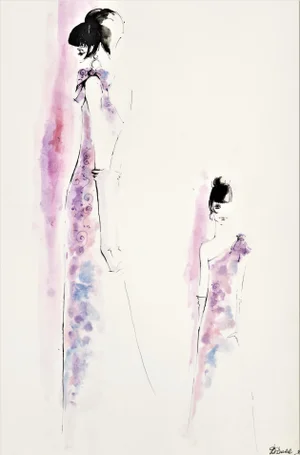 Matted Large Original Italian 1960's Mid-Century Fashion Drawing in Watercolor