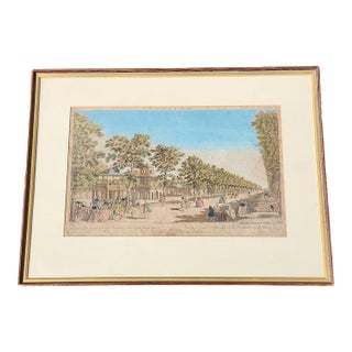 Antique Vauxhall Gardens “Grand Walk” Hand-Colored Engraving, 18th Century London, Framed For Sale