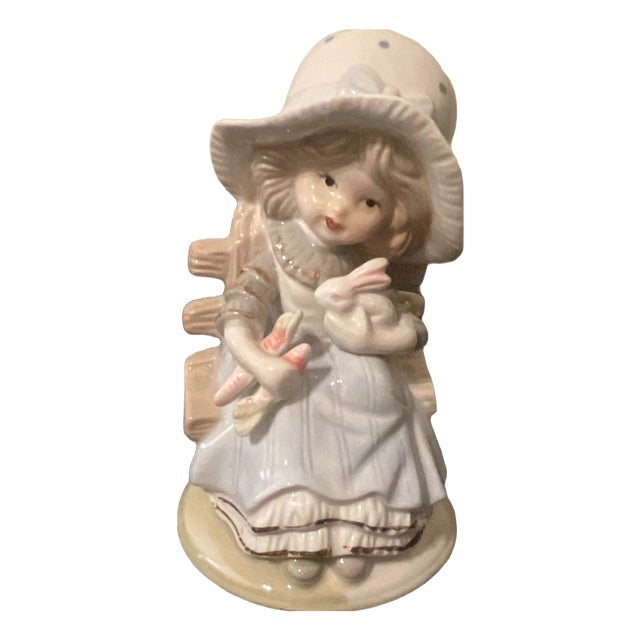 Vintage Hand Painted Porcelain Figurine of Girl with Rabbit, 1970s For Sale