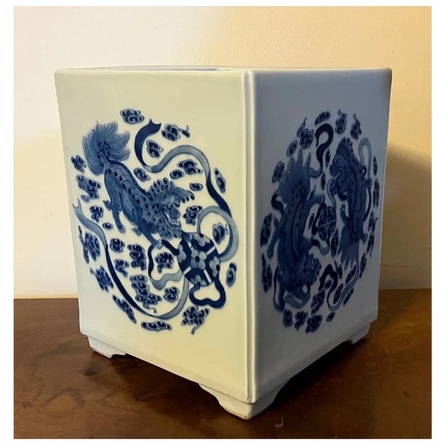 Blue Large Antique 19th Century Chinese Blue & White Porcelain Brush Pot Decorated With Kylin Tigers, Mythical Beasts or Foo Dogs For Sale - Image 8 of 12