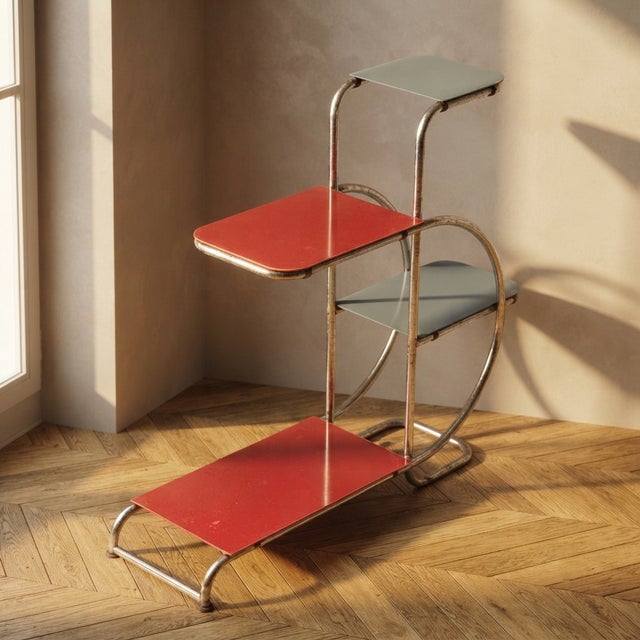 Metal 20th Century Bauhaus Tubular Steel Plant Stand with Colored Glass Shelves by Emile Guyot, Czechoslovakia, 1930 For Sale - Image 7 of 7