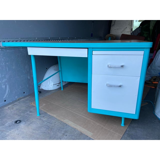 Turquoise Vintage Mid Century Modern Teachers Metal Tanker Desk For Sale - Image 8 of 12