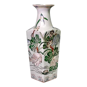 Vintage Macau (Chinese) White Porcelain Square Form Vase With Cranes & Lotus in Marshland
