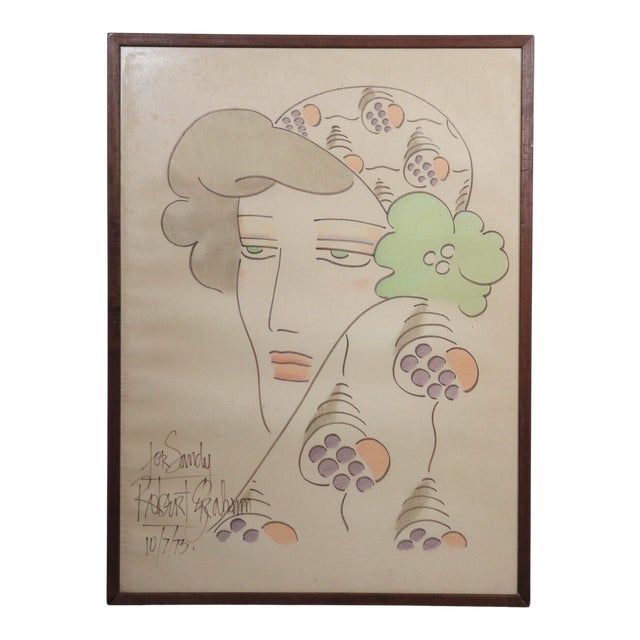 1973 Signed Robert Graham Framed Portrait Drawing of a Lady For Sale