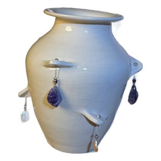 Cream Ceramic, Sculptural Vase , Natural Hanging Stones , Handmade Clay , Wabi Sabi Decor For Sale