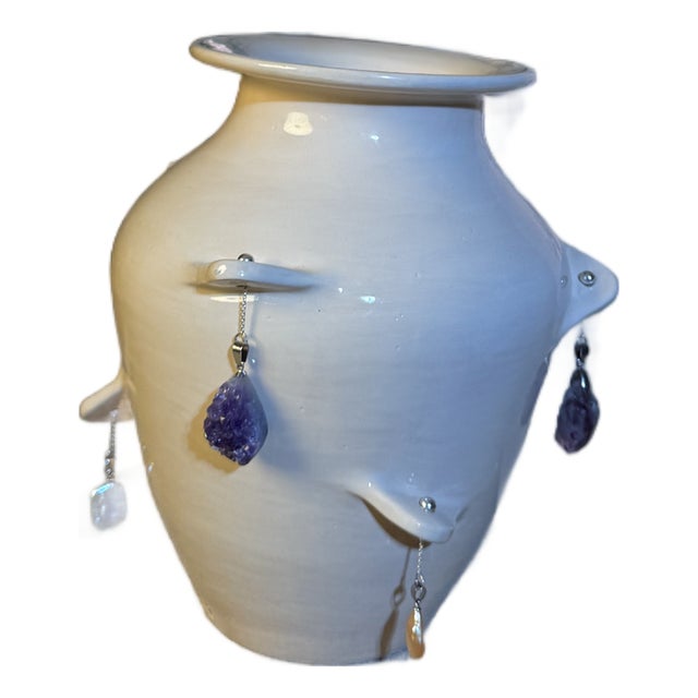 Cream Ceramic, Sculptural Vase , Natural Hanging Stones , Handmade Clay , Wabi Sabi Decor For Sale