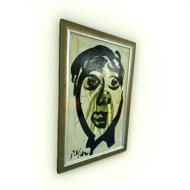 Vintage original painting by artist Peter Keil, featuring an abstract portrait on board in a green frame. The painting is...