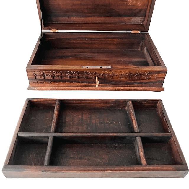 Vintage Indian handmade woodcarved large jewelry box with a lock from the 1970s. This jewelry box is beautifully decorated...