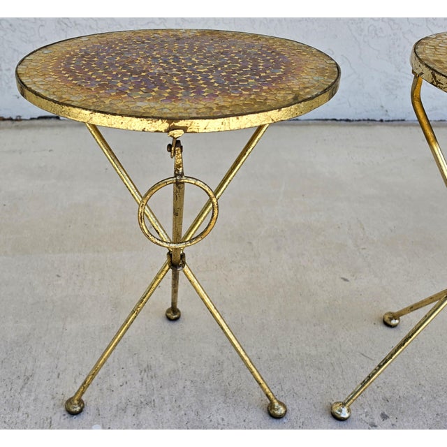 Metal Italian Gold Gilt Folding Mosaic Side Drink Tables 1960s Pair For Sale - Image 7 of 16