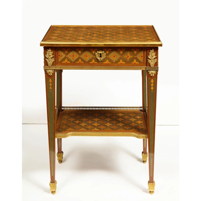 Exceptional Pair of French Ormolu-Mounted Parquetry and Marquetry Side Tables For Sale - Image 15 of 17
