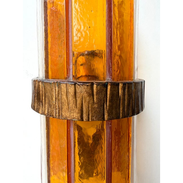 1970s 1970s Amber Glass Hammered Wrought Iron Sconces by Longobard - a Pair For Sale - Image 5 of 11