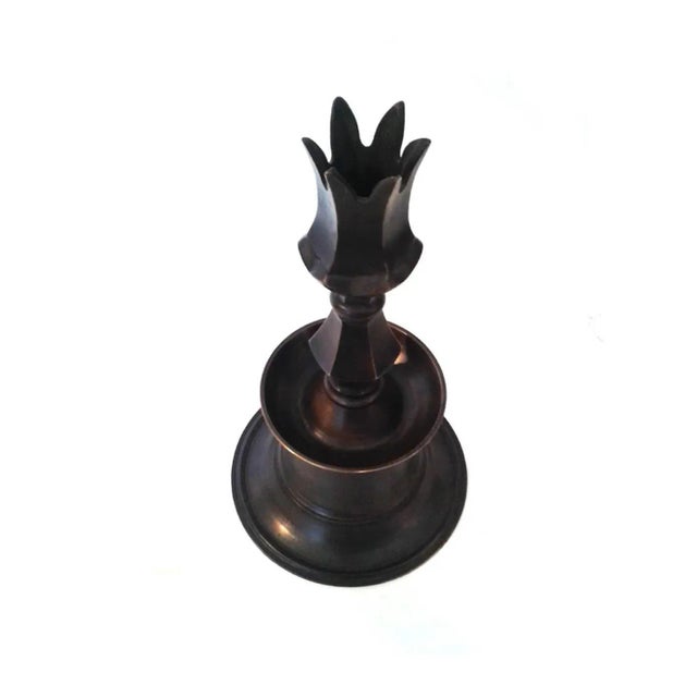 A solid brass candle holder from Turkey, early 2000s. Sturdy hand-forged construction. Crown head. Dimensions: 15 1/4"...