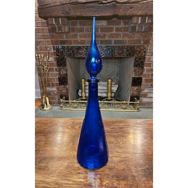 Mid-Century Modern Vintage MCM Empoli Cobalt Blue Italian Glass Genie Bottle With Original Label For Sale - Image 3 of 9
