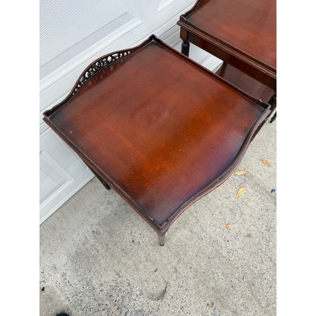 Brown Pair of Vintage Hepplewhite Style Mahogany Side Tables With Pierced Galleries and Lower Shelves For Sale - Image 8 of 12